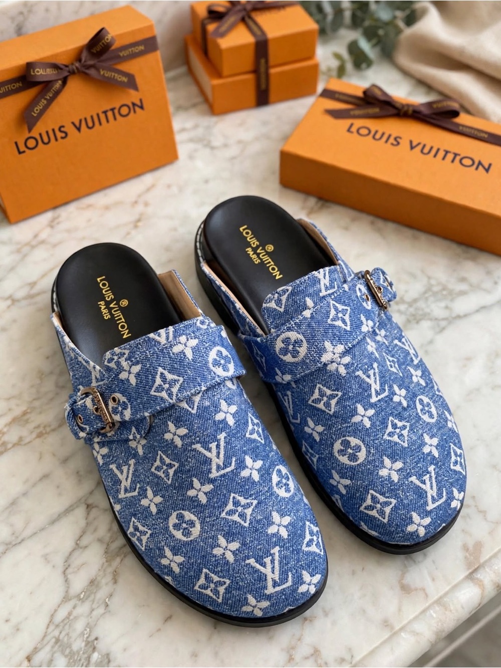 Blue Monogram Denim Slip-On Loafers